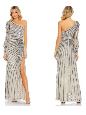 Mac Duggal 10793 Asymmetrical One Shoulder Sequin Gown Platinum Size 12 NWT
